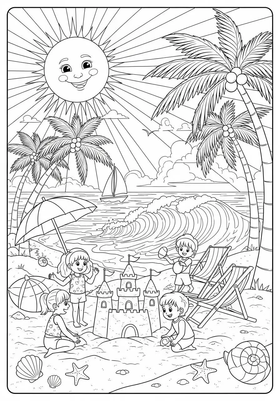 Desenho do Sol Brincalhão na Praia para Colorir