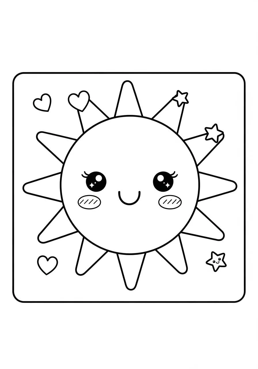Desenho do Sol Kawaii com Estrelas e Corações para Colorir