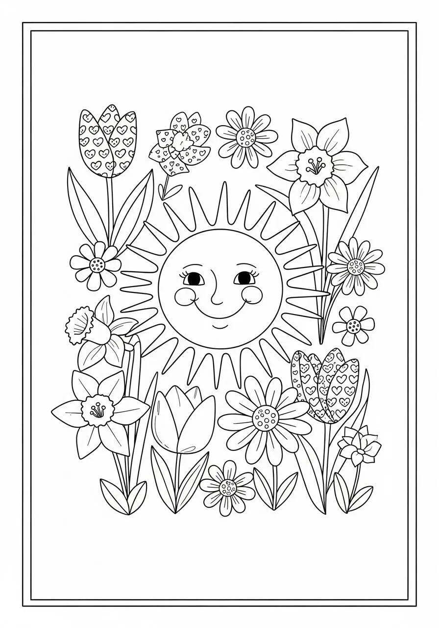 Desenho do Sol Sorridente entre Flores para Colorir