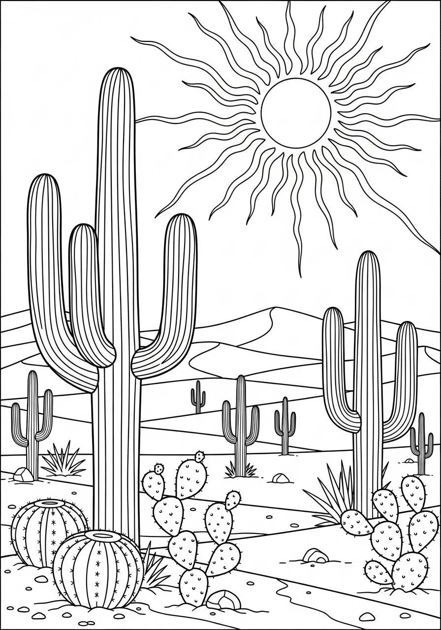Desenho do Sol Radiante com Cactos para Colorir