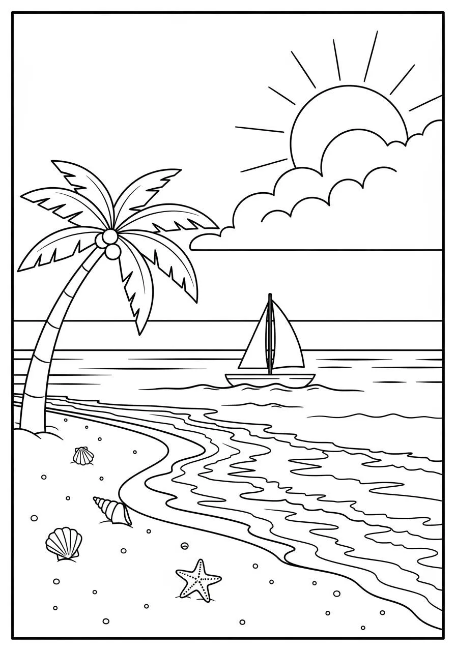 Desenho do Sol Brilhante na Praia para Colorir