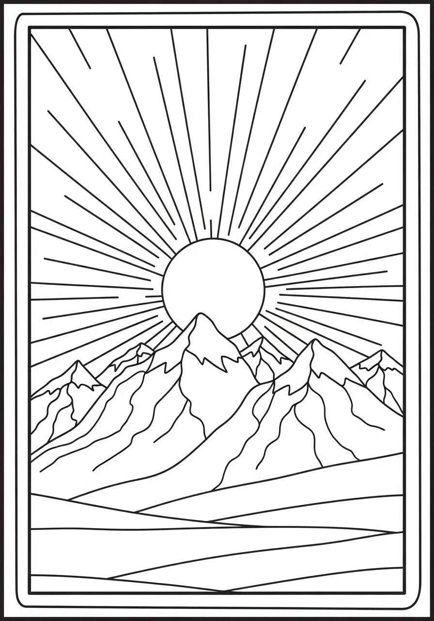 Desenho do Sol Radiante com Montanhas para Colorir
