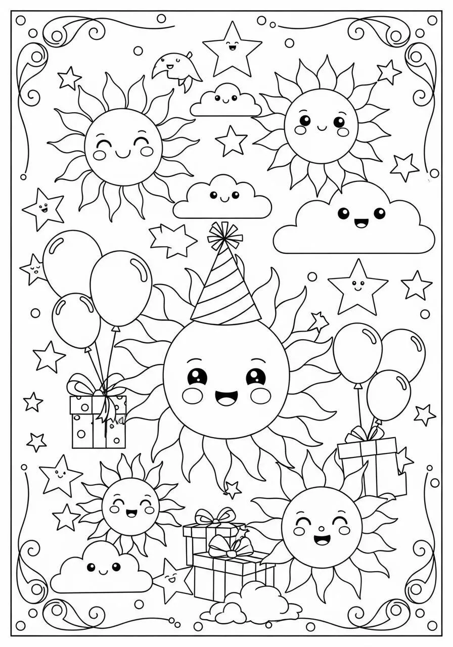 Desenho do Sol Kawaii com Balões e Presentes para Colorir