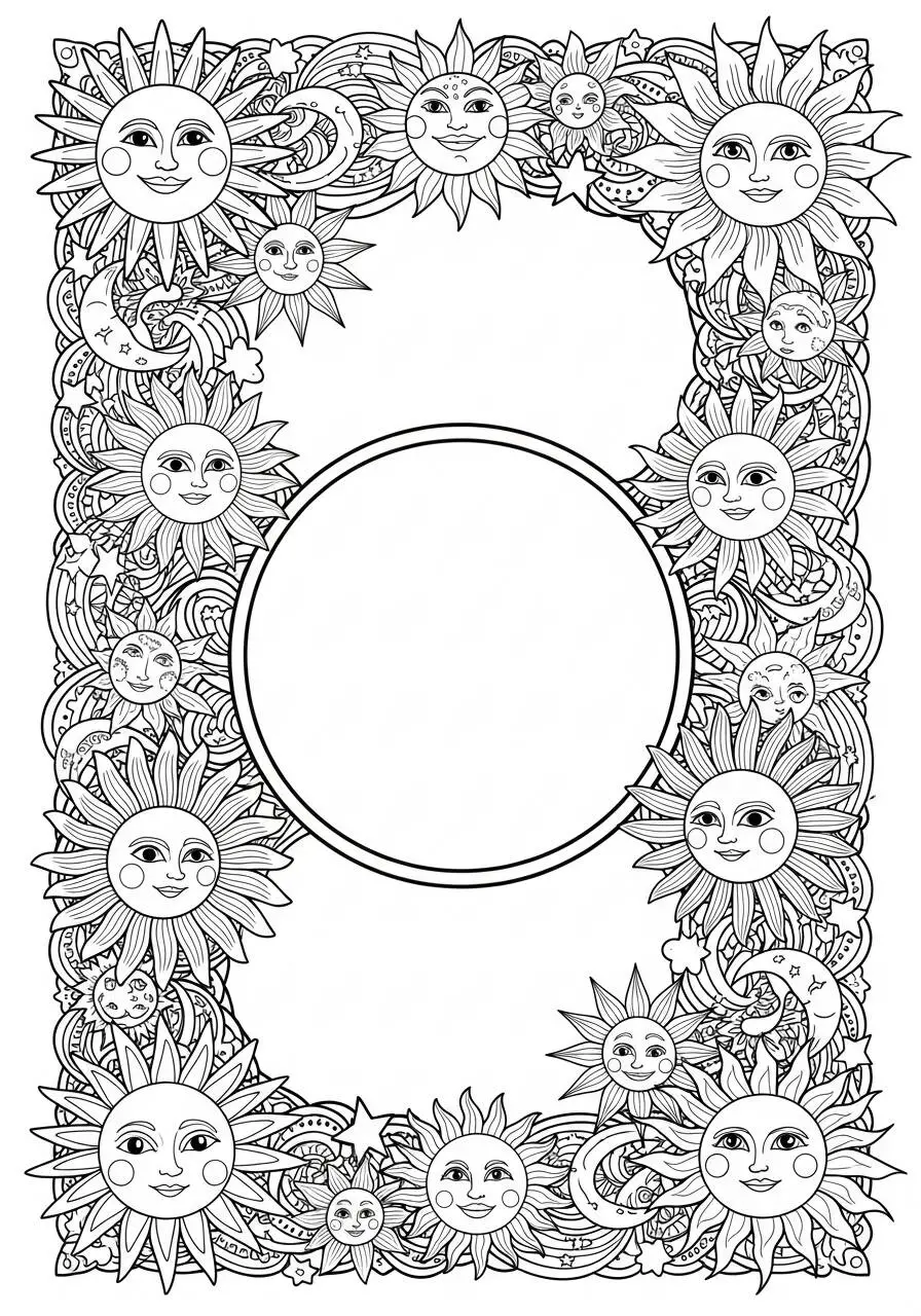 Desenho do Sol com Faces Sorridentes para Colorir