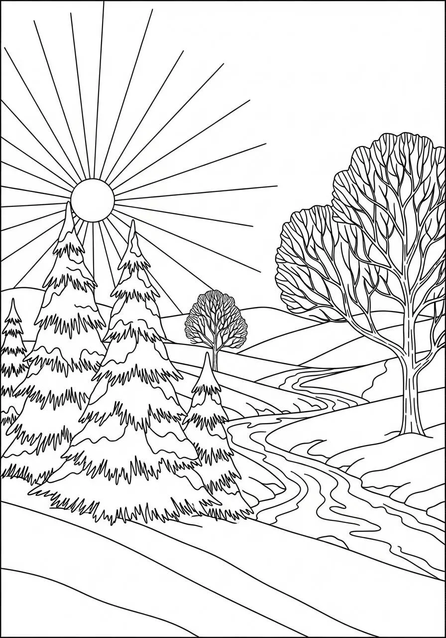 Desenho do Sol Radiante com Paisagem para Colorir