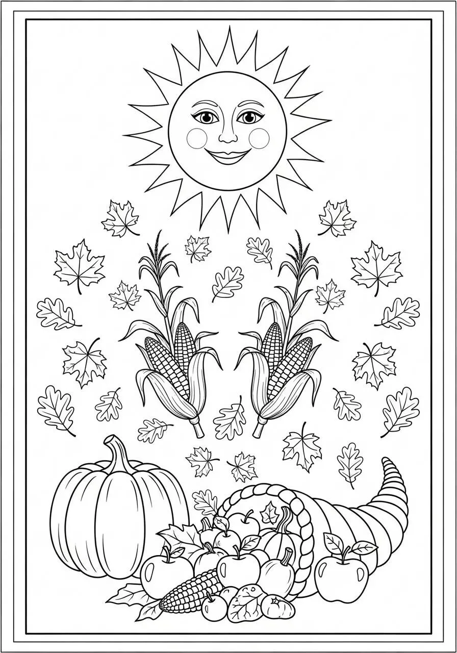 Desenho do Sol Sorridente com Cornucópia para Colorir