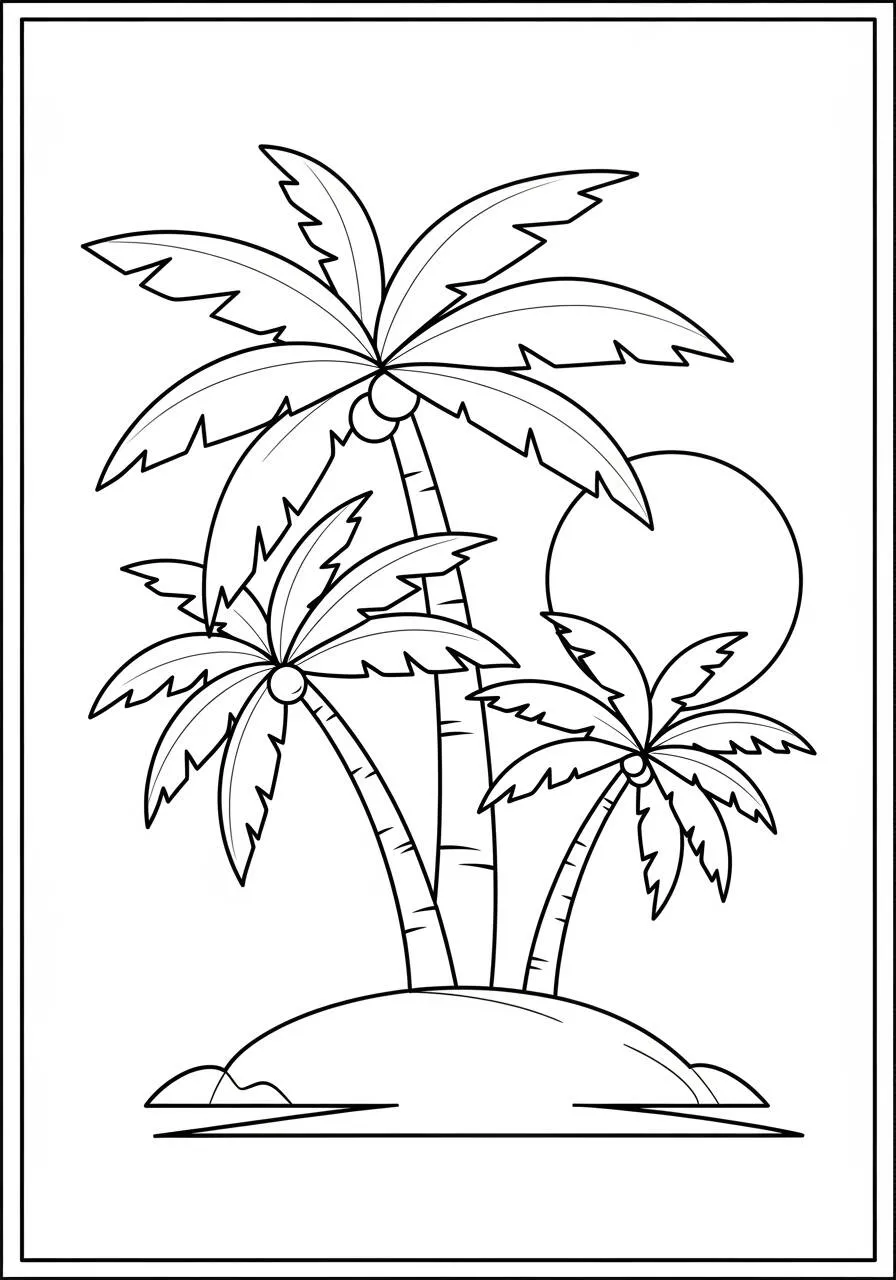 Desenho do Sol Tropical com Palmeiras para Colorir