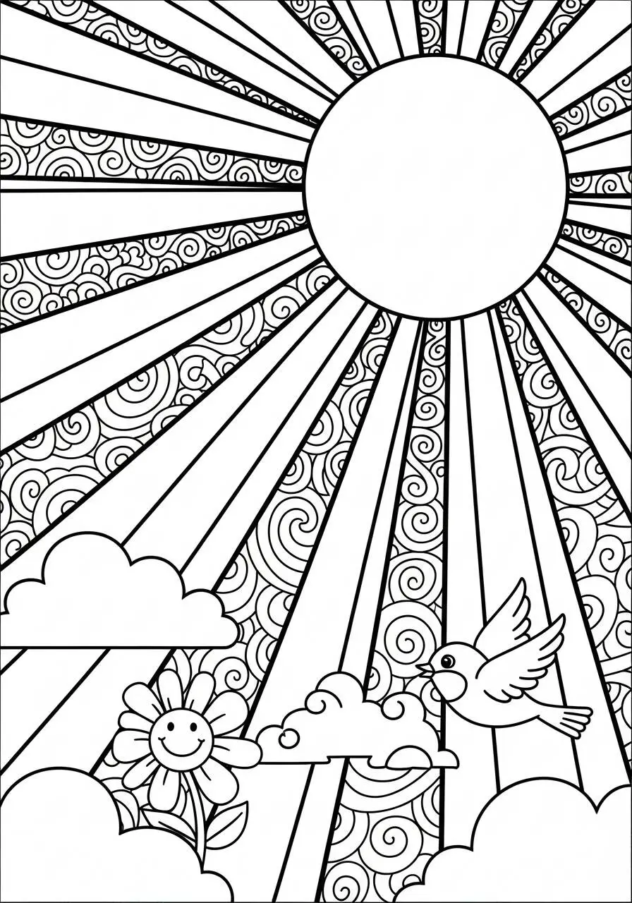 Desenho do Sol Radiante com Nuvens e Pássaros para Colorir