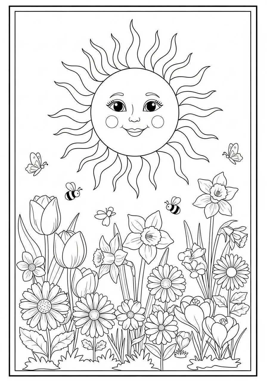 Desenho do Sol Sorridente com Flores para Colorir