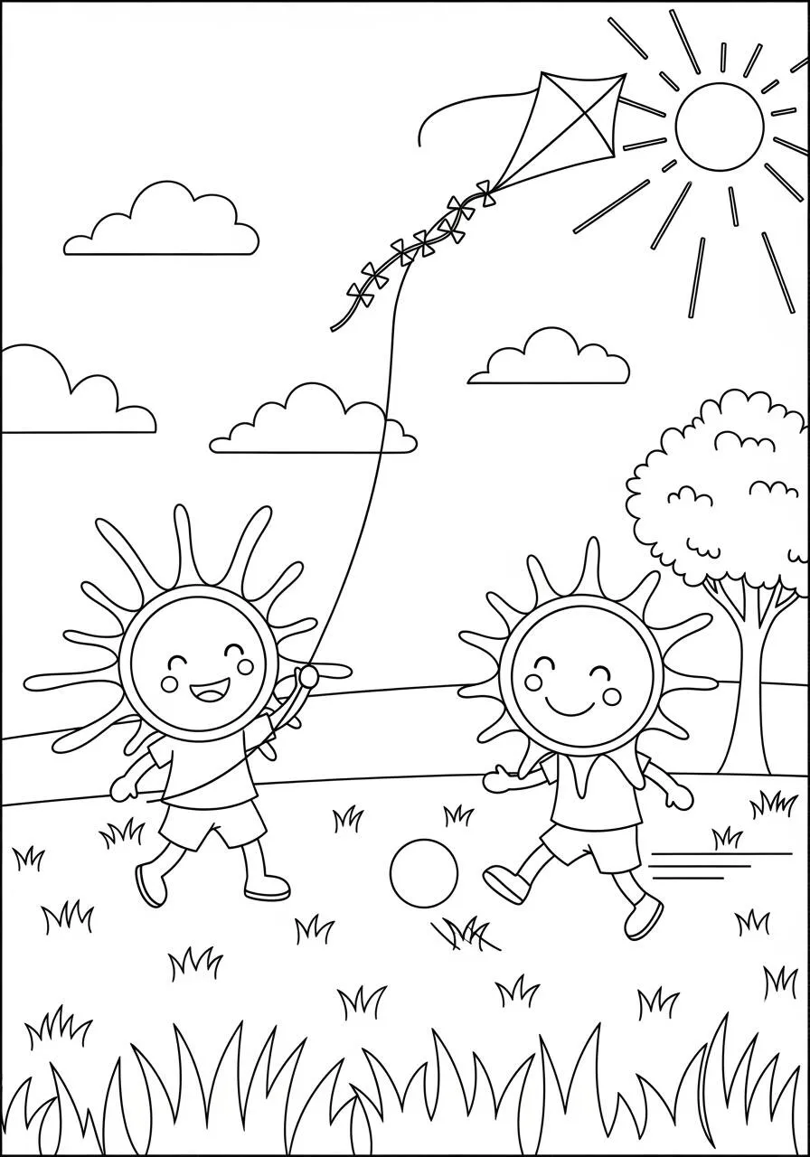 Desenho do Sol Brincando com Pipa para Colorir