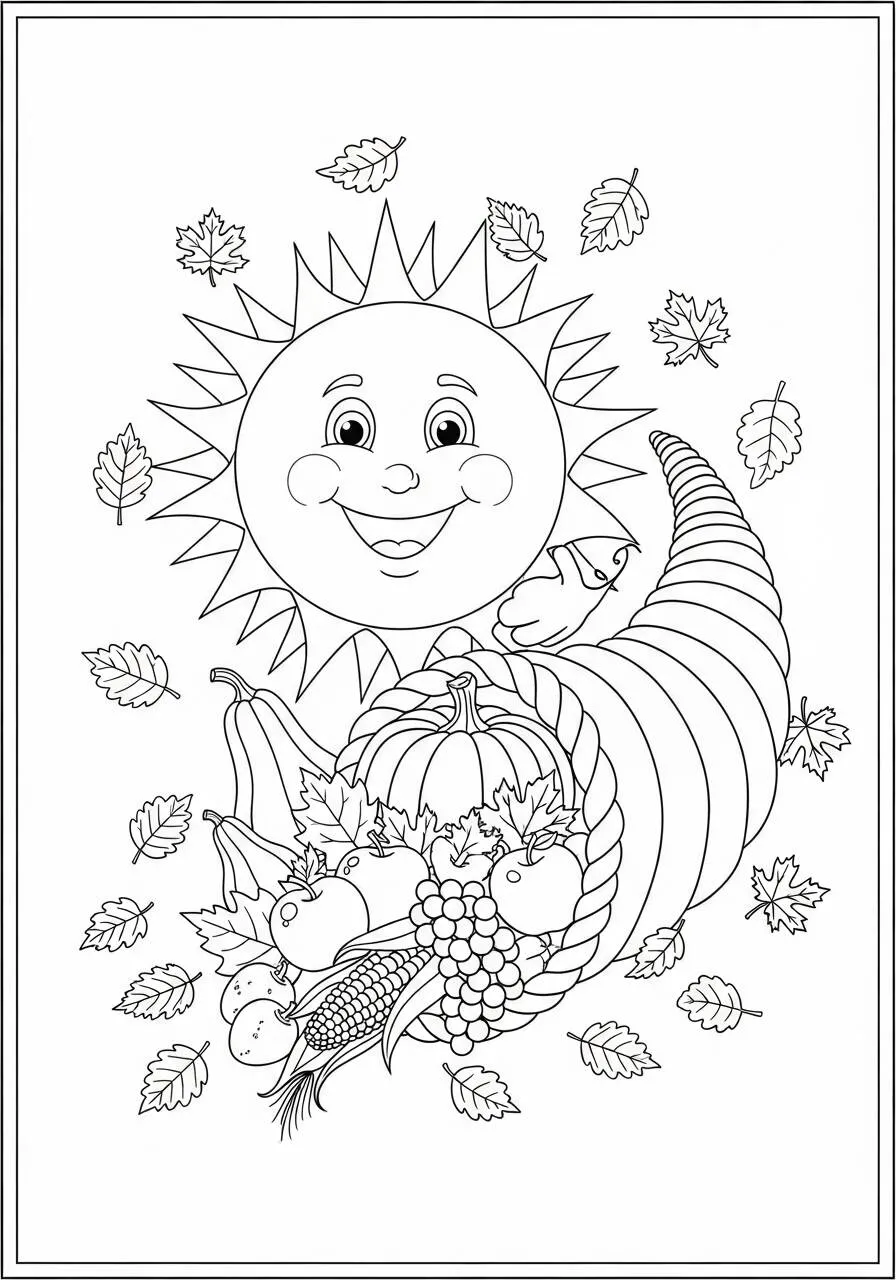 Desenho do Sol Sorridente com Cornucópia para Colorir