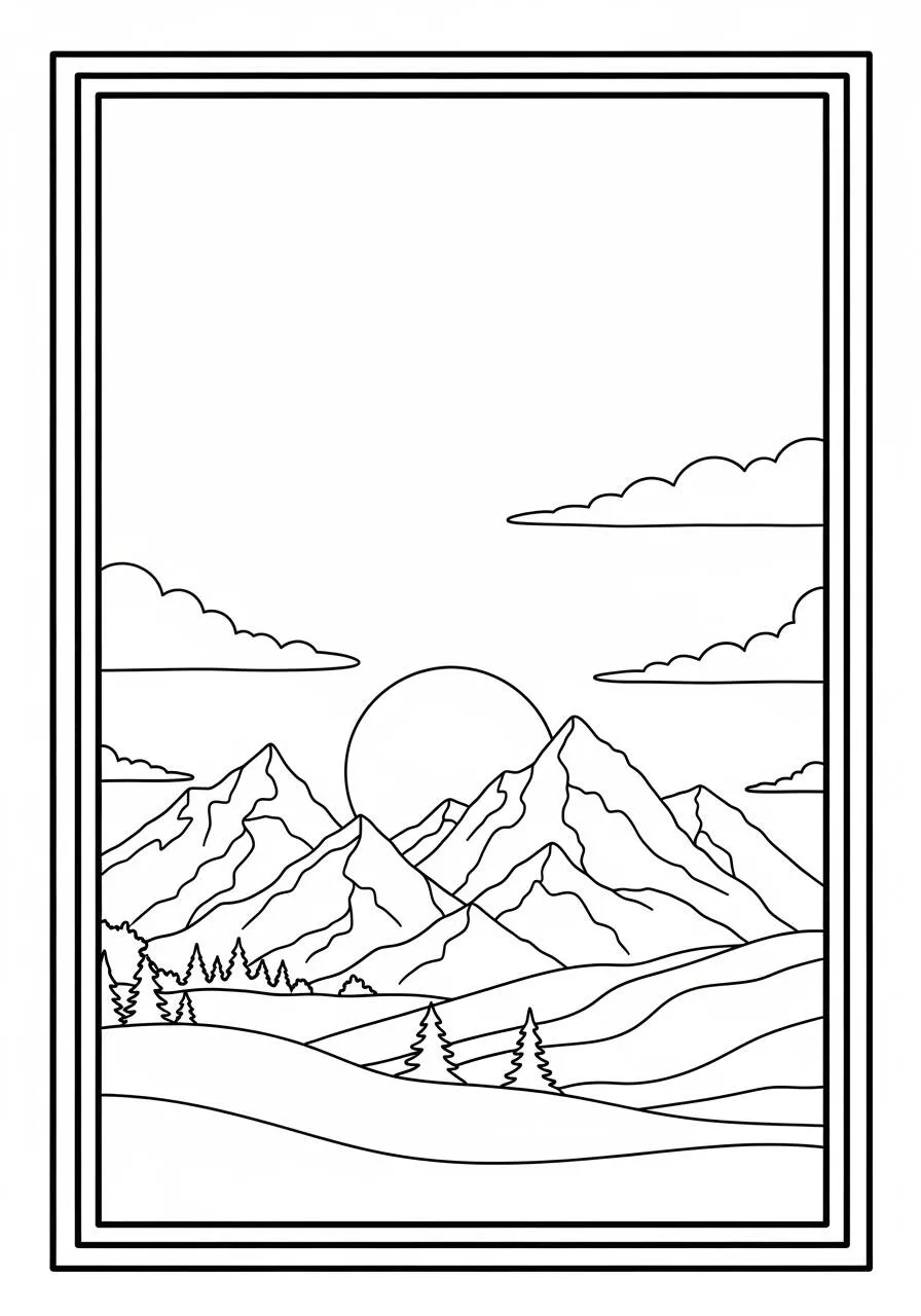 Desenho do Sol nas Montanhas para Colorir