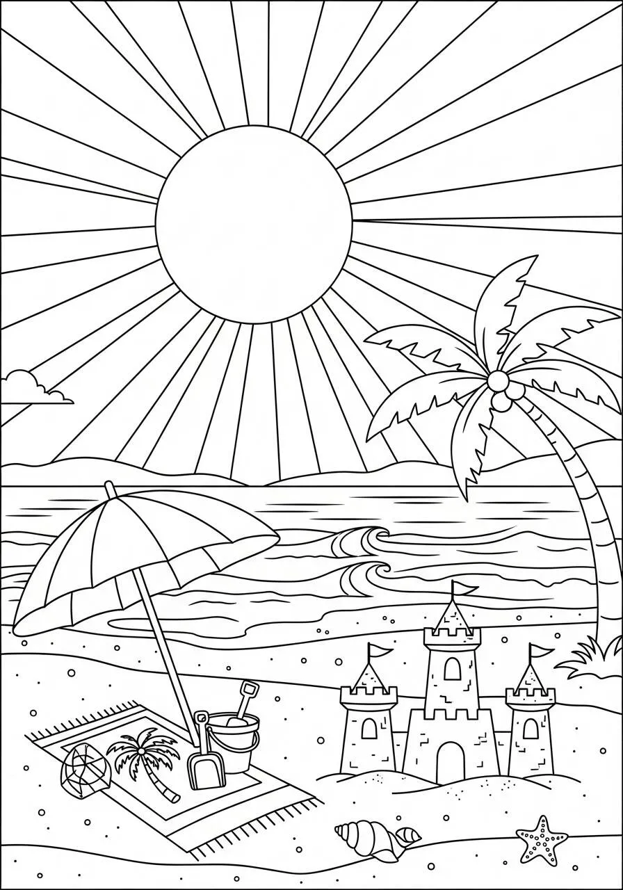 Desenho do Sol Brilhante na Praia para Colorir
