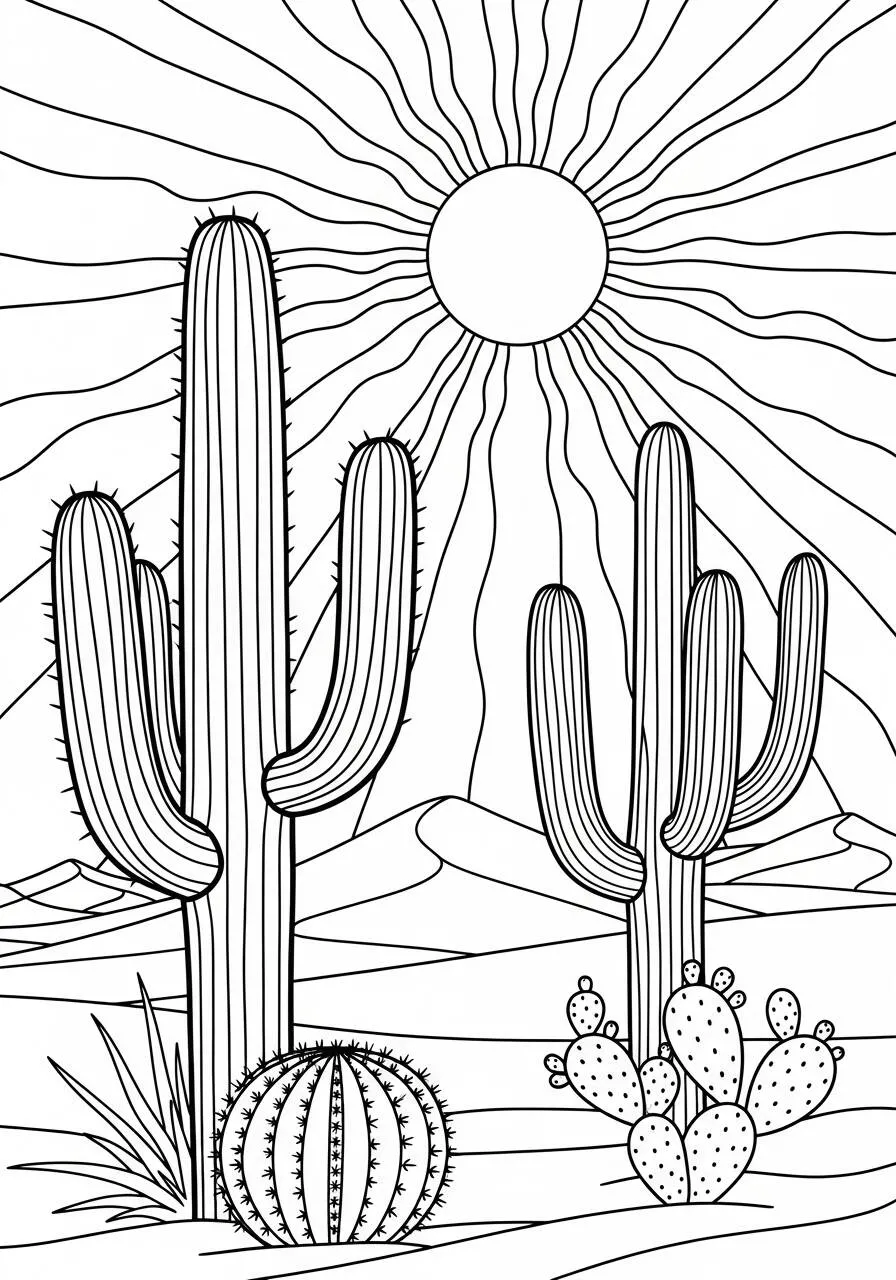Desenho do Sol Radiante com Cactos para Colorir