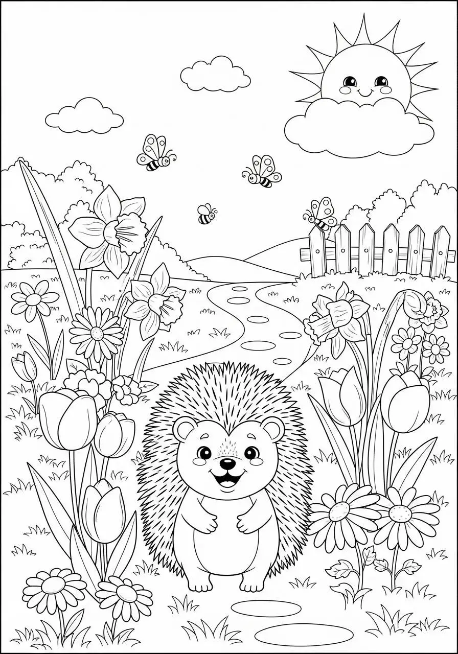 Coloriage hérisson mignon dans le jardin