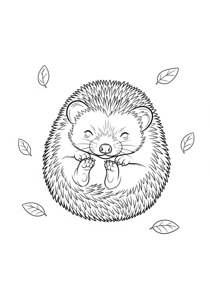Coloriage mignon hérisson avec des feuilles