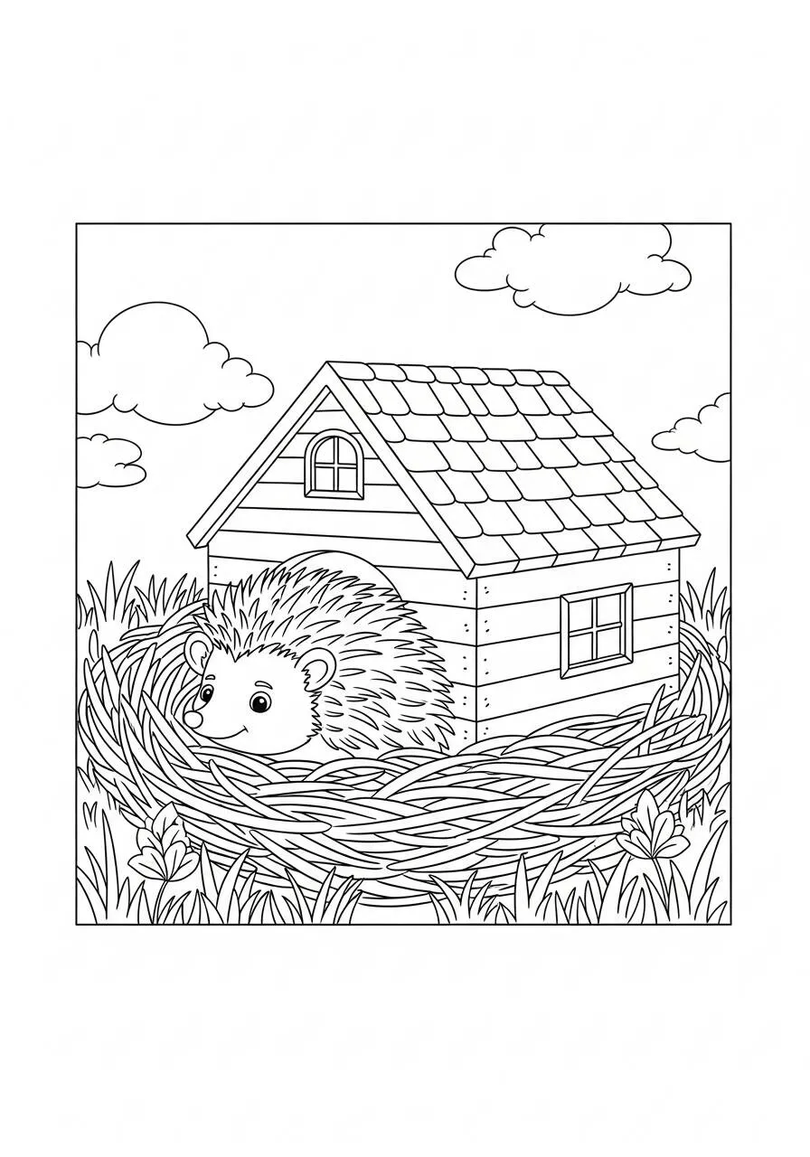 Desenho de Ouriço Fofo em sua Casinha para Colorir