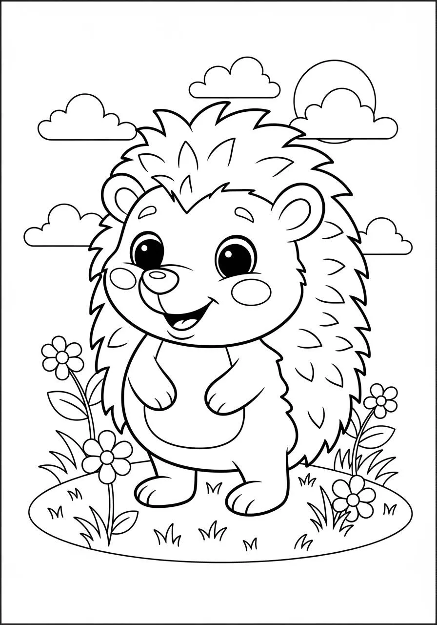 Desenho de Ouriço Fofo em um Jardim para Colorir