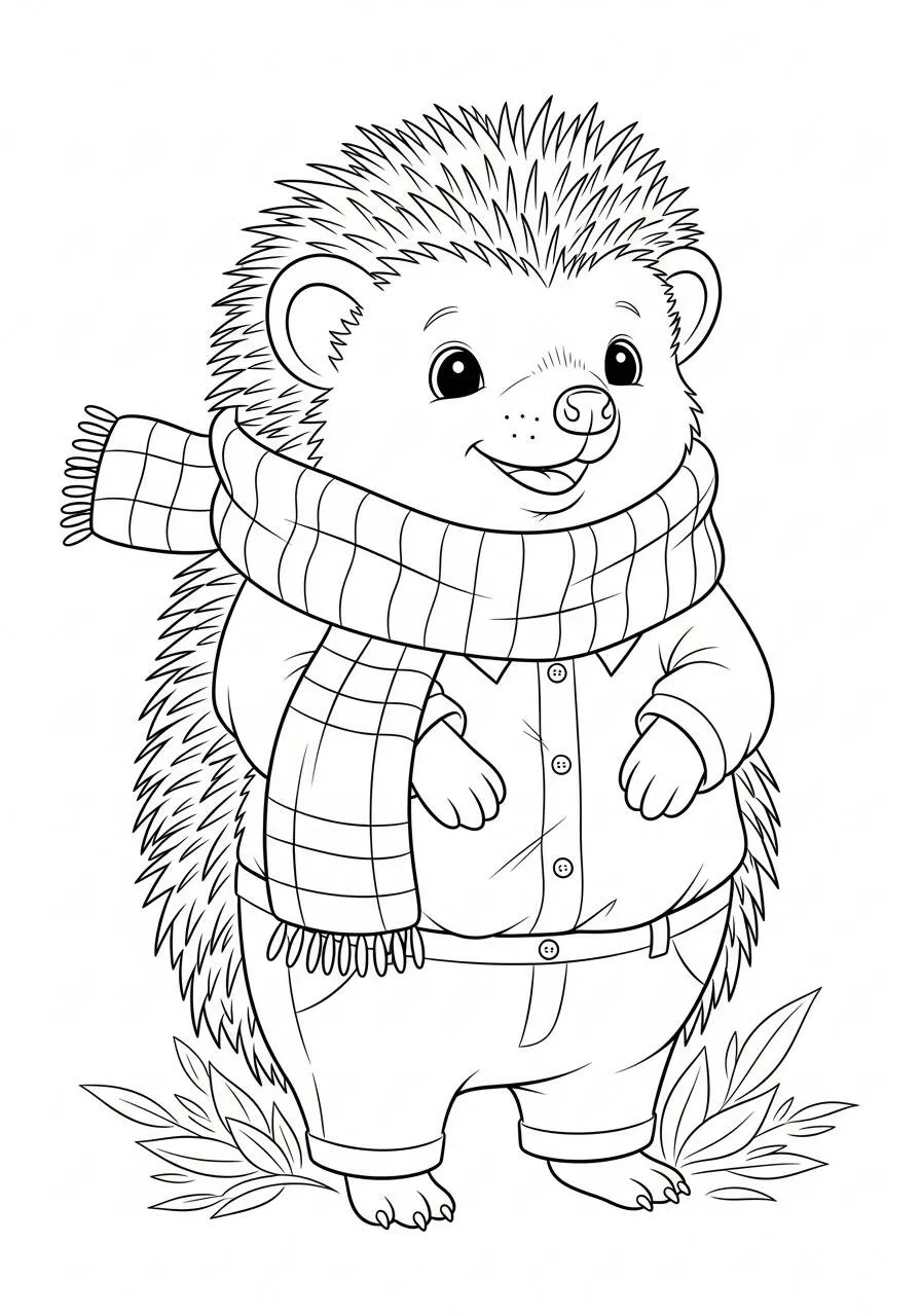 Desenho de Ouriço Fofo com Cachecol para Colorir