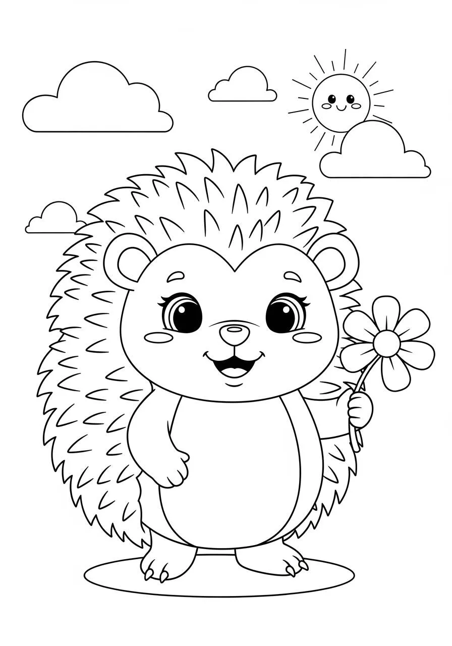 Desenho de Ouriço Fofo com Flor para Colorir