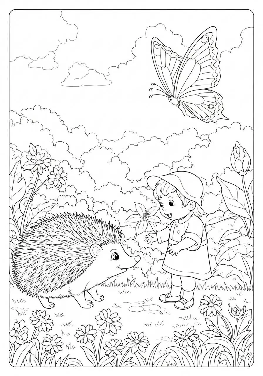Desenho de Ouriço Fofo com Criança e Borboleta para Colorir