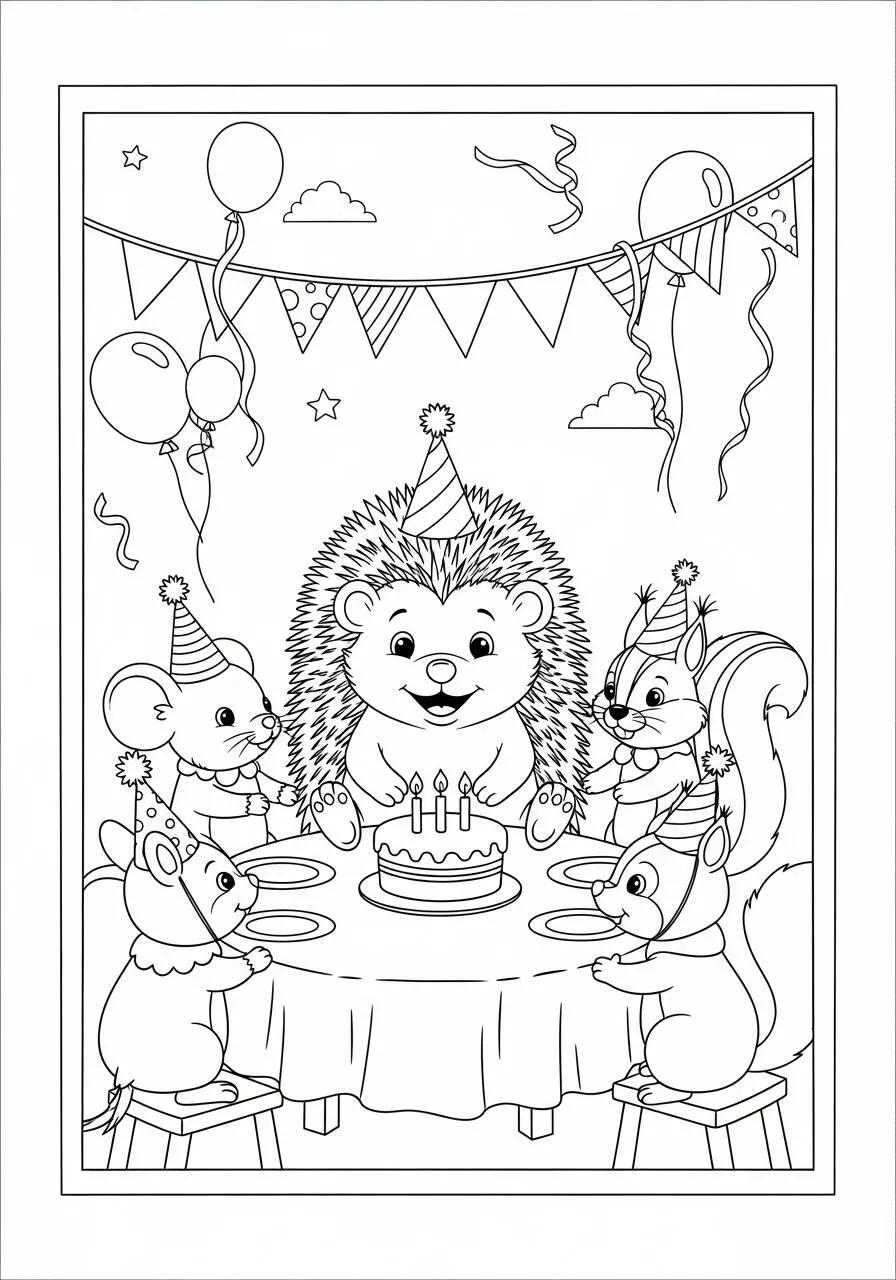 Desenho de Ouriço Celebrando Aniversário para Colorir