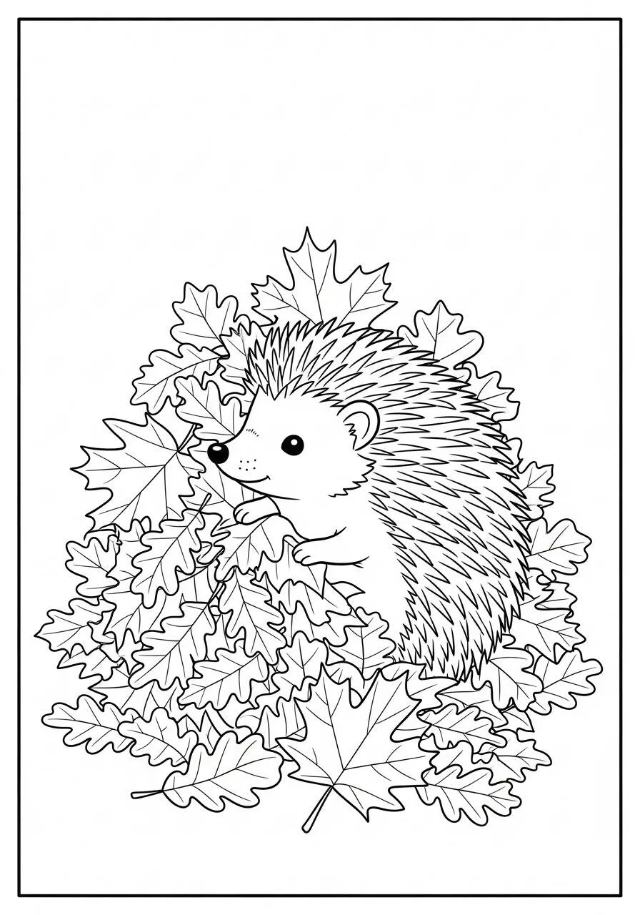 Desenho de Ouriço entre Folhas para Colorir