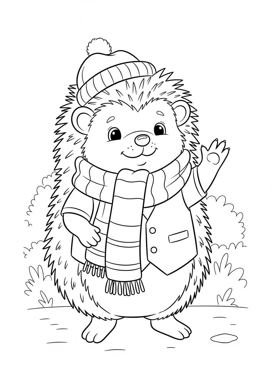 Desenho de Ouriço Fofo com Cachecol para Colorir