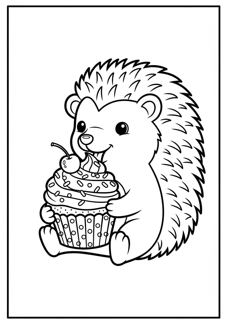 Desenho de Ouriço Fofo com Cupcake para Colorir