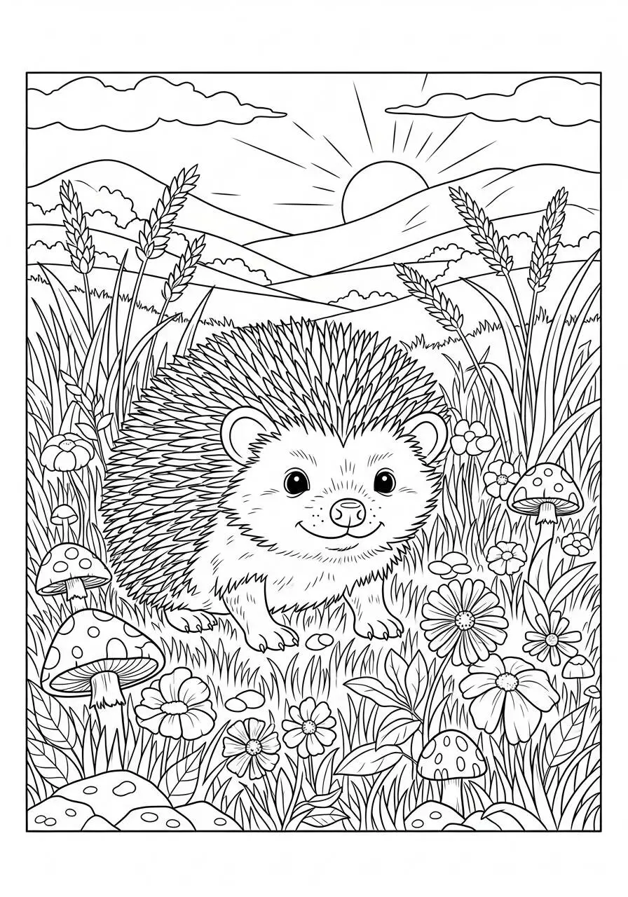 Desenho de Ouriço Fofo em um Campo para Colorir