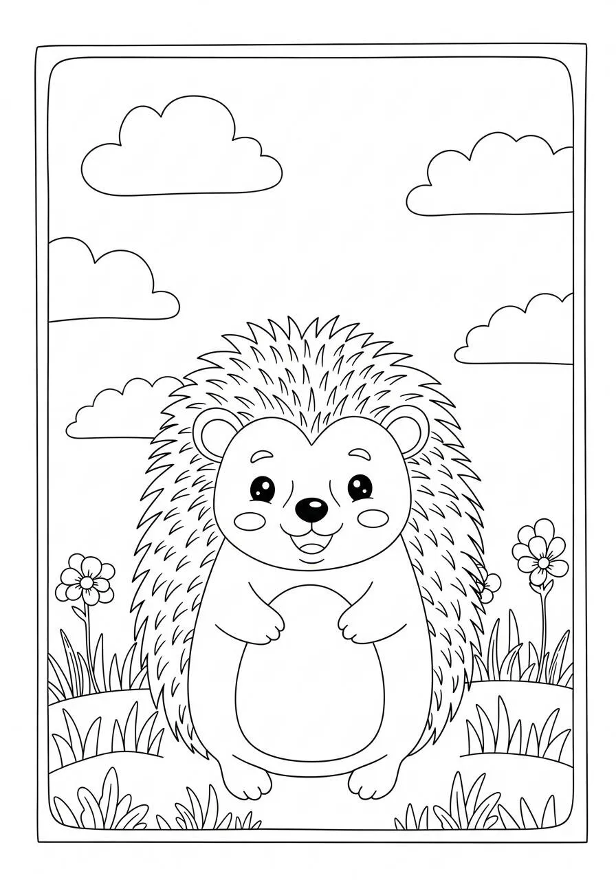 Desenho de Ouriço Fofo para Colorir com Flores e Nuvens