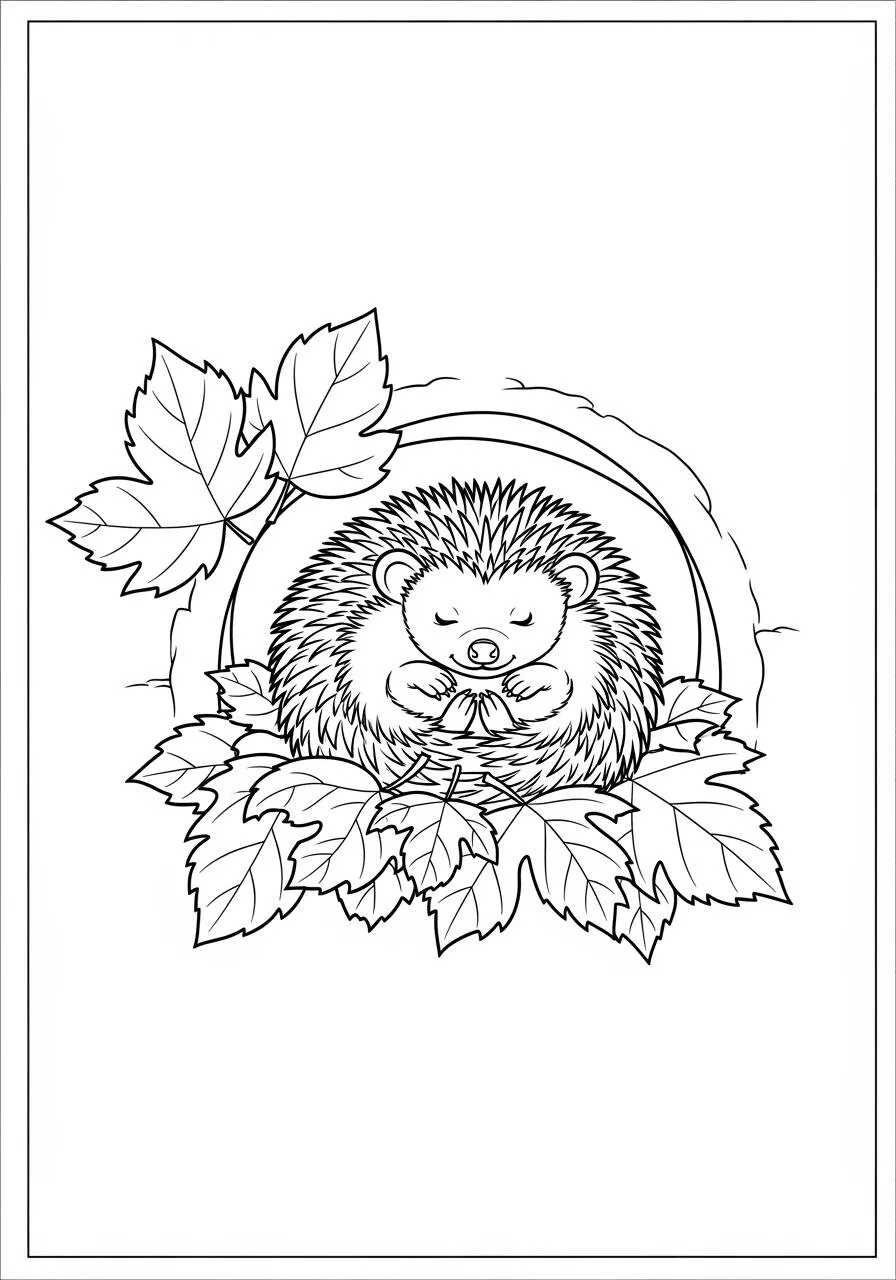 Desenho de Ouriço Fofo Dormindo entre Folhas para Colorir