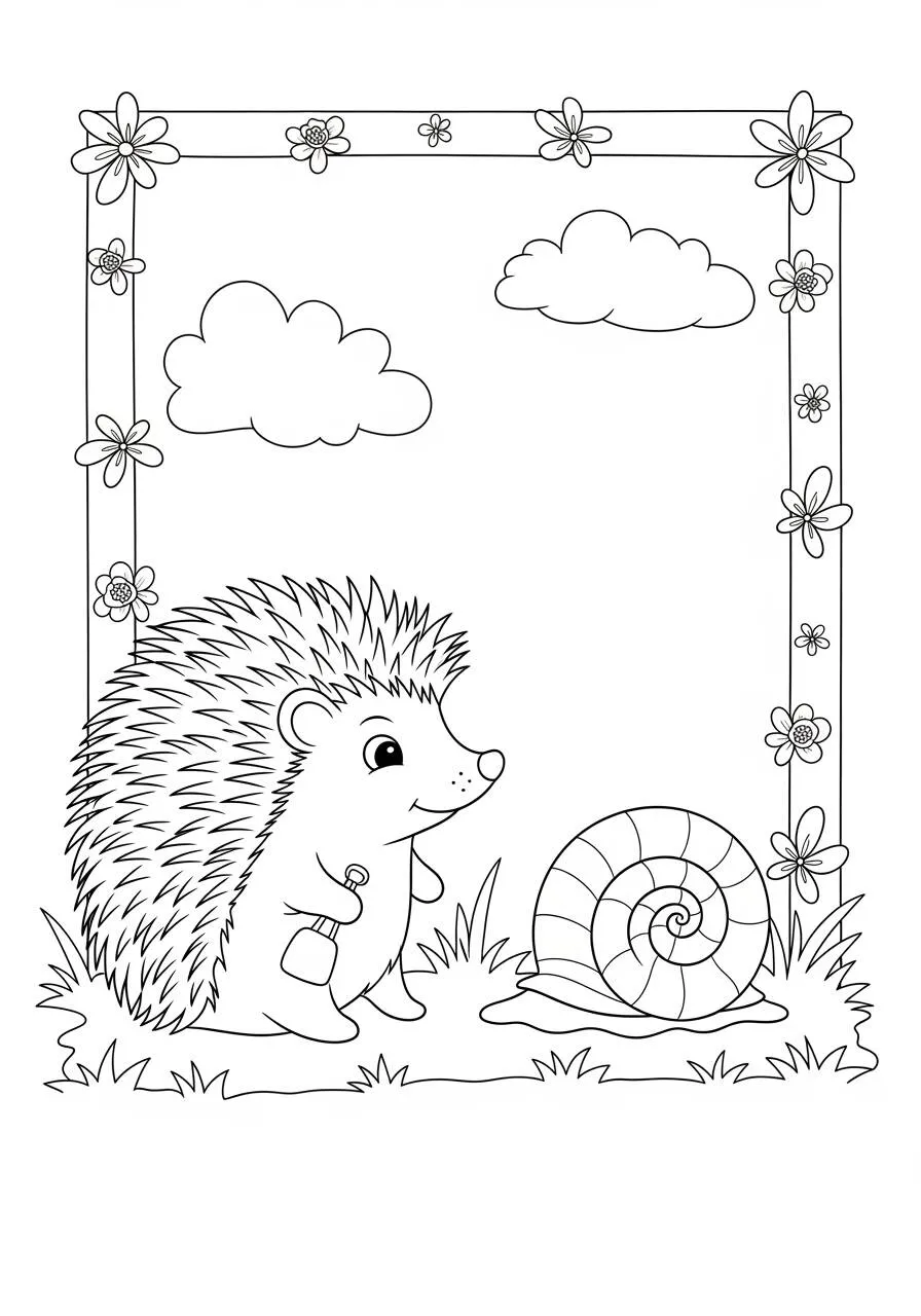 Desenho de Ouriço Fofo com Caracol para Colorir