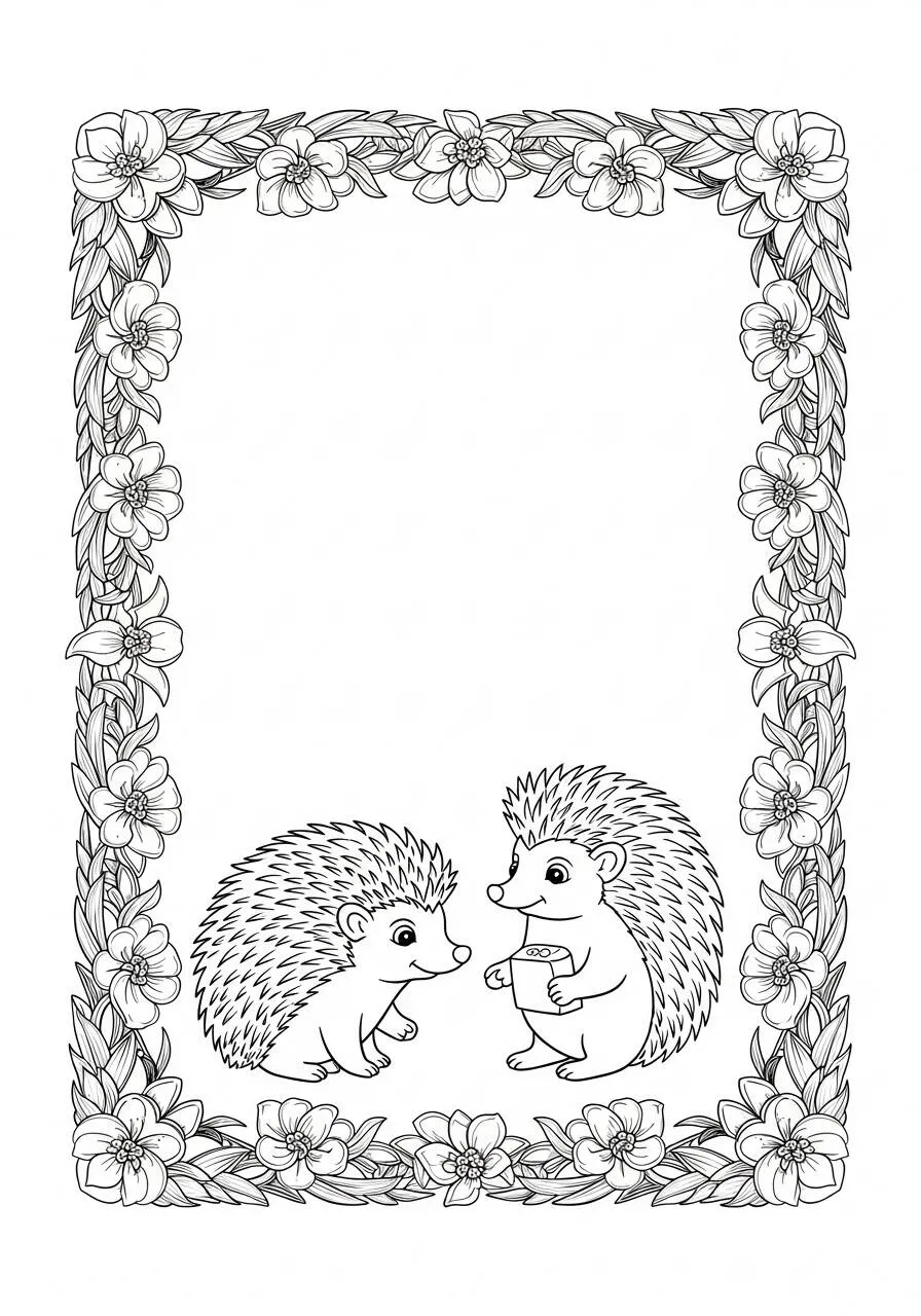 Desenho de Ouriço Fofo com Flores para Colorir
