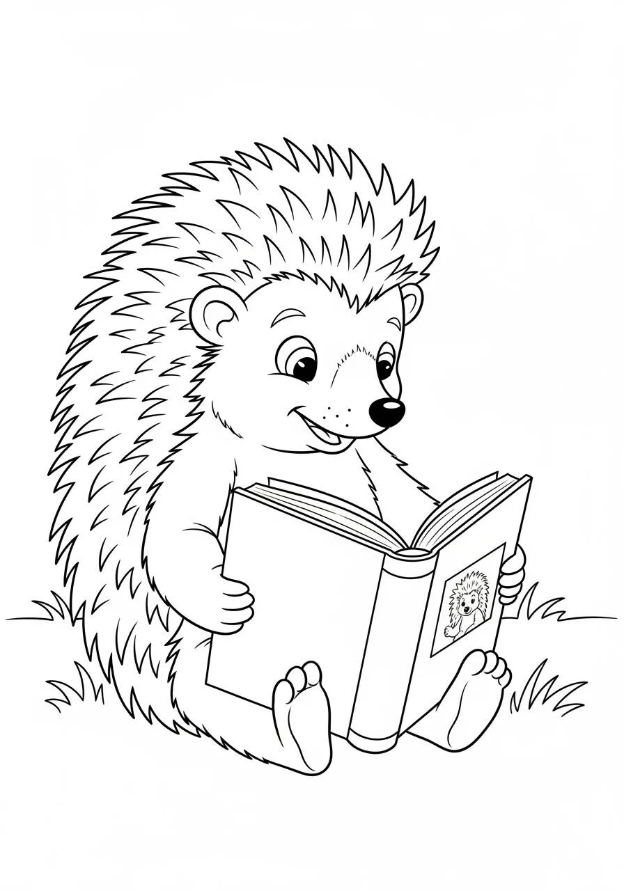 Desenho de Ouriço Lendo um Livro para Colorir