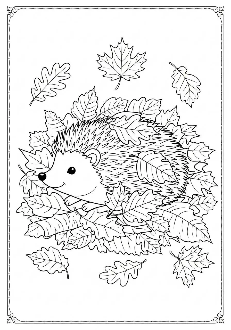 Desenho de Ouriço Fofo Escondido nas Folhas para Colorir