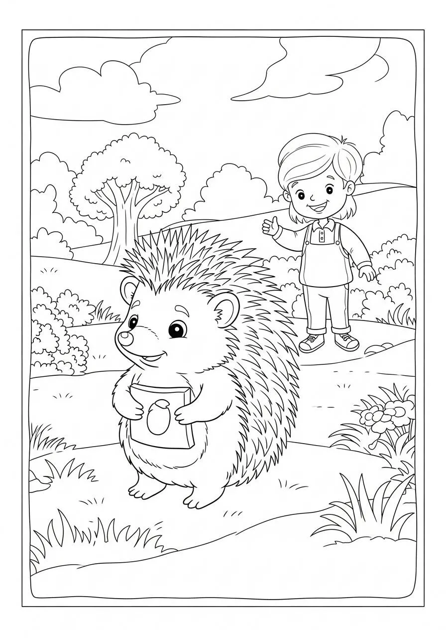 Desenho de Ouriço e Criança para Colorir