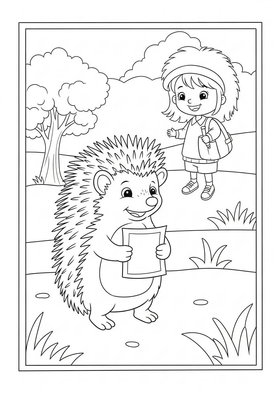 Desenho de Ouriço Fofo com Criança para Colorir
