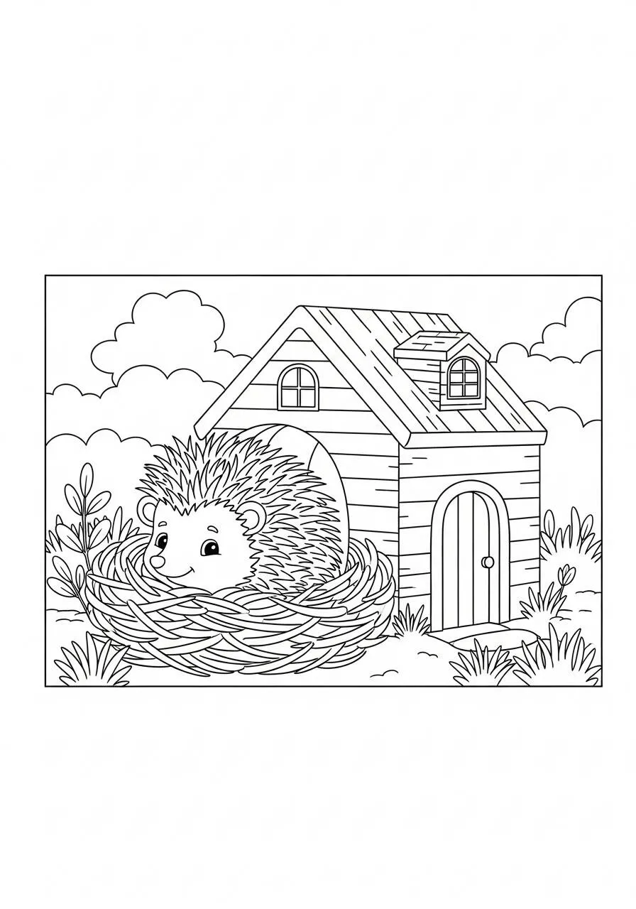 Desenho de Ouriço Fofo em sua Casinha para Colorir