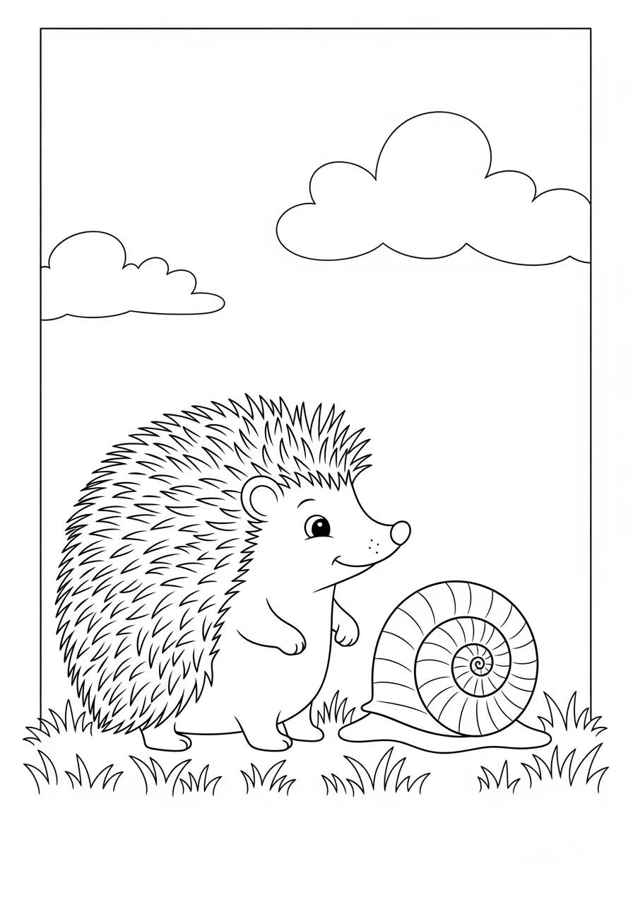 Desenho de Ouriço Fofo com Caracol para Colorir