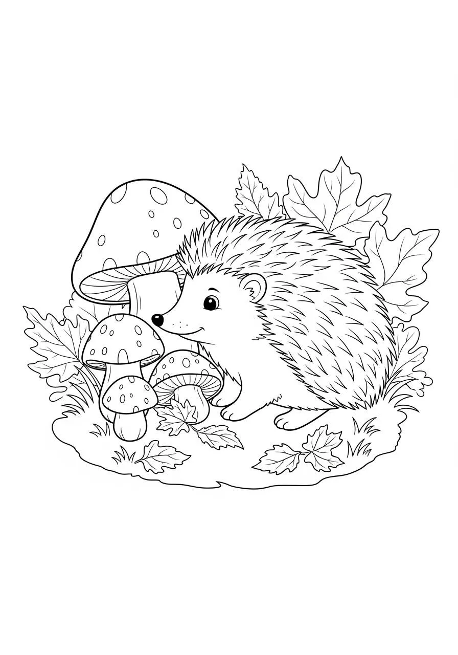 Desenho de Ouriço entre Cogumelos para Colorir