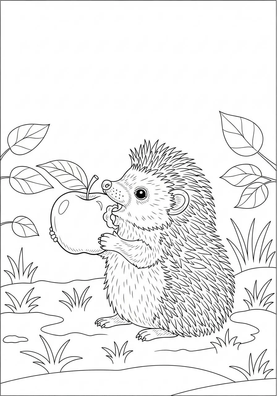Desenho de Ouriço Fofo com Maçã para Colorir