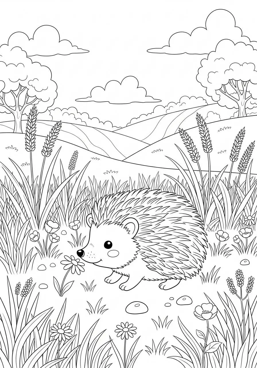 Desenho de Ouriço Fofo em um Campo para Colorir