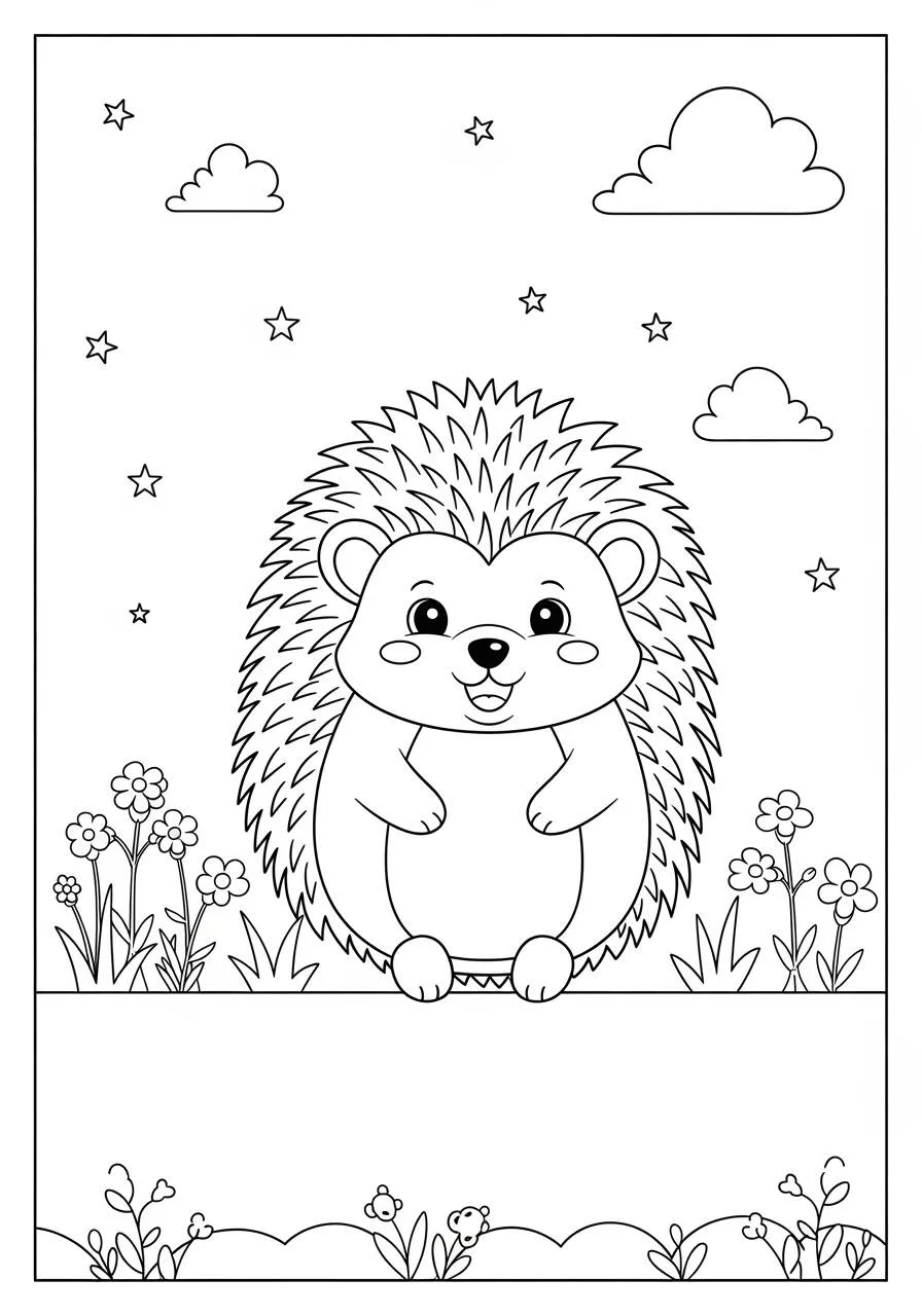 Desenho de Ouriço Fofo para Colorir com Estrelas e Nuvens