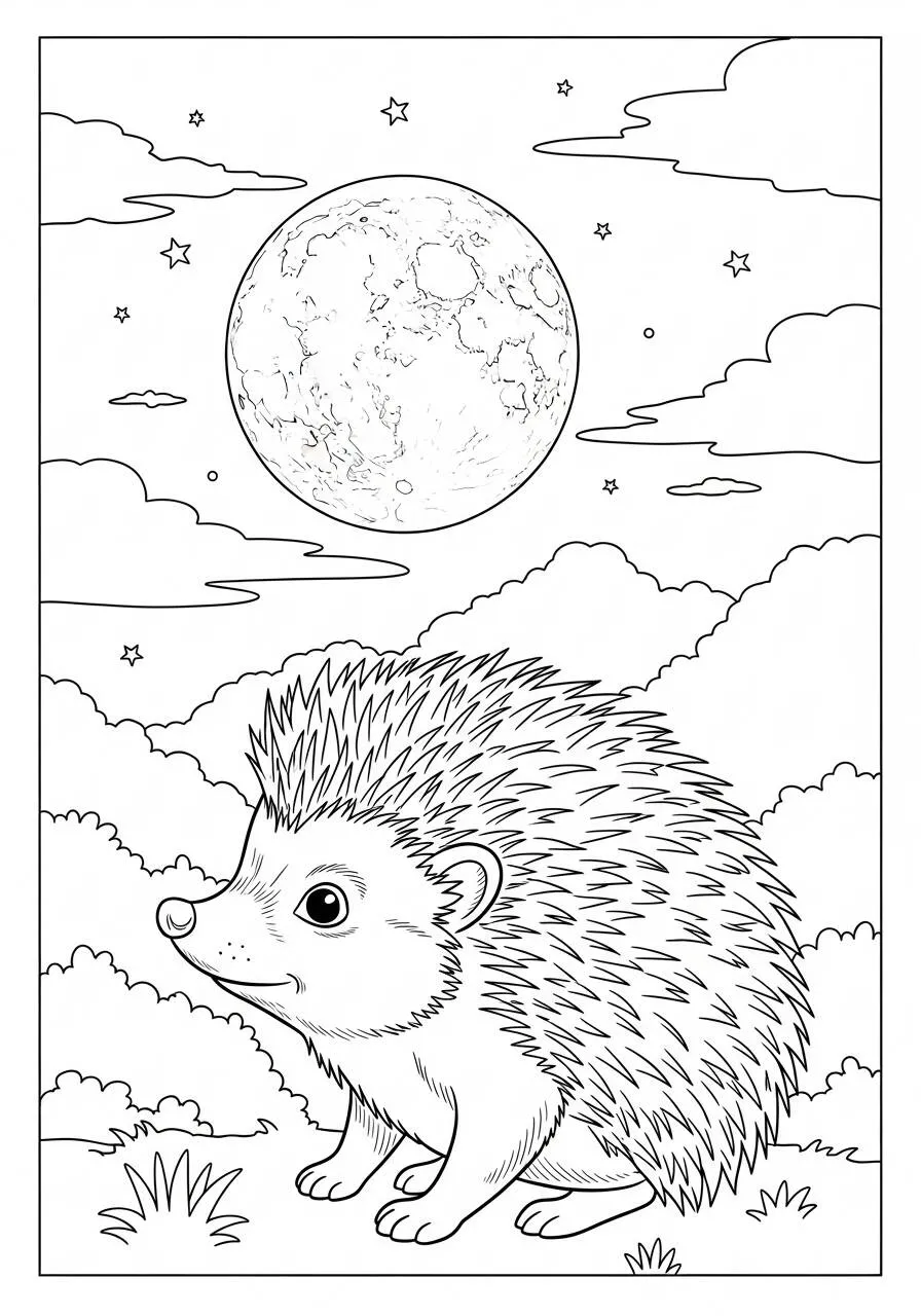 Desenho de Ouriço Sob a Lua para Colorir
