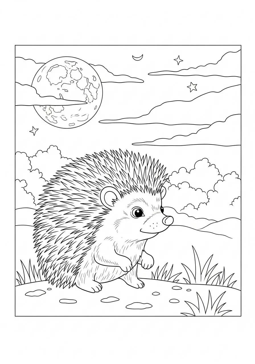 Desenho de Ouriço Fofo Caminhando à Noite para Colorir