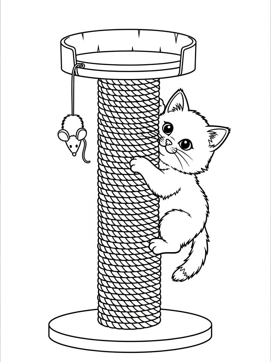 Gato jugando en el rascador Página para colorear