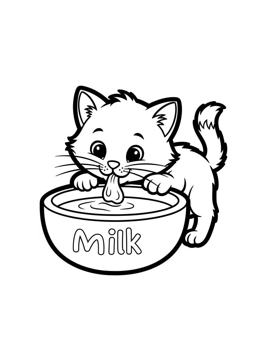 Desenho de Gatinha Brincando com Leite para Colorir