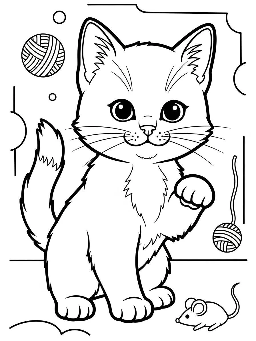 Desenho de Gatinha Fofa Brincando com Bola de Lã para Colorir