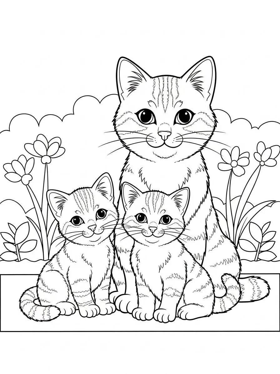 Página para colorear de gatito y sus cachorros